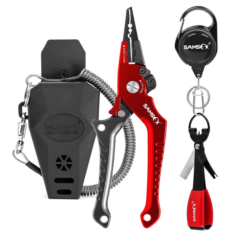 SAMSFX Aluminum Fishing Pliers Hook Remover Braid Line Cutter with Coiled Lanyard, Fly Fishing Knot Tying Tool & Retractors (Gray & Red Handle, Split Ring Nose) - Image 1